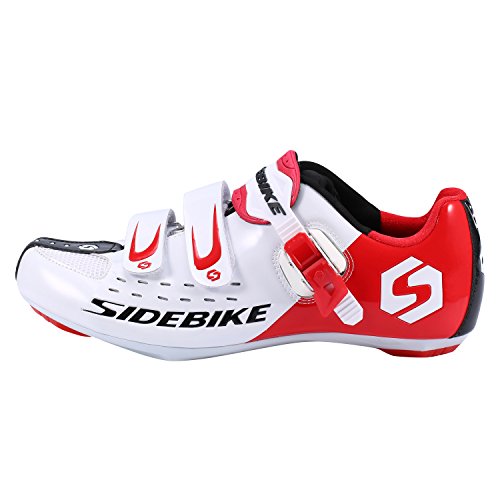 Asvert Zapatillas de Ciclismo Carretera Unisex Profesional con Plantilla Antideslizante Amortiguador para Bicicleta al Aire Libre (44, Blanco Rojo)