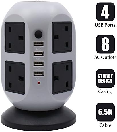 EODO Power Strip with USB 8-Outlet 4-USB Ports Surge Protector, Smart Vertical Charging Tower Station &amp; 6.5ft/2M Power Cords (grey)