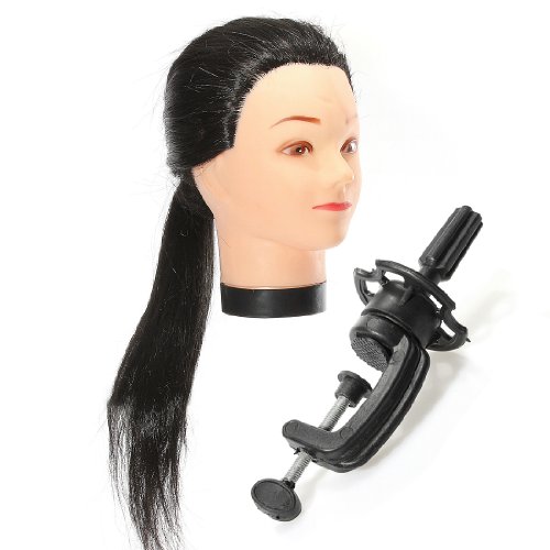 LuckyFine 18 inch Black Long Synthetic Hair Hairdressing Cutting Practice Training Mannequin Head with Adjustable Holder