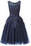 Ballkleid knielange EverBeauties Knielang Damen Abendkleider Perlstickerei Spitze Applique T¨¹ll Kurz Ballkleid Marineblau 34