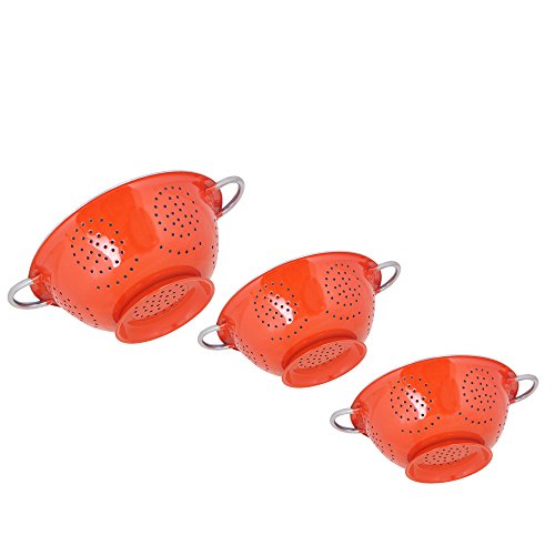 Kosma Set von 3 Stück Edelstahl/Griff tief Colanders, Größe 18 cm, 22 cm und 28 cm | Pasta Salat Obst Lebensmittel Sieb in der Farbe Orange - 3