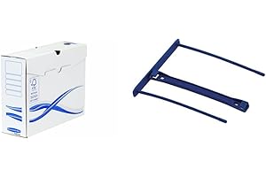 Fellowes Basic Lot de 10 Boîtes archives A4+ 8 cm Blanc/Bleu & Transit - Pack de 50 Clips pour archive Ecologique avec poignée de transfert - Bleu - 100 mm - Bleu - Lot de 50
