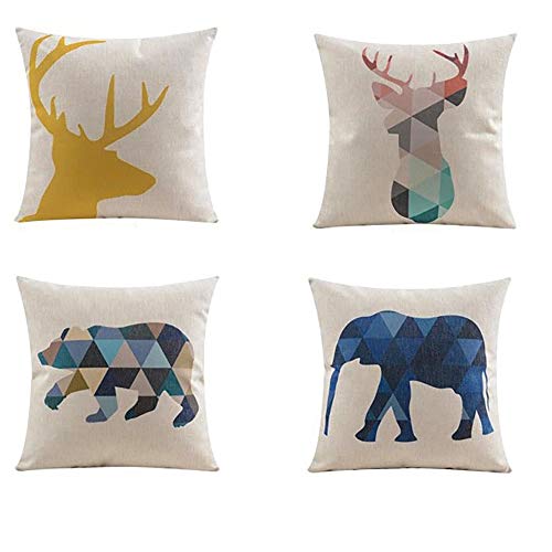 Blue BD 4 X Animales nórdicos Triangular geométrica Abstracta Lino Abrazo Almohada sofá Lino Almohada cojín