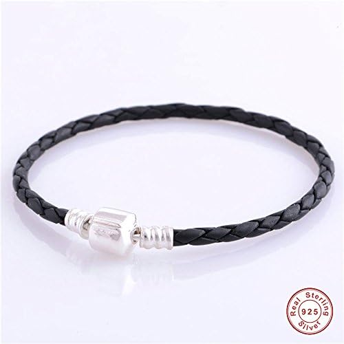 European Fashion DIY Black Leather Bracelet Authentic 925 Sterling Silver Jewelry Woman (1PCS, Black) (38cm)