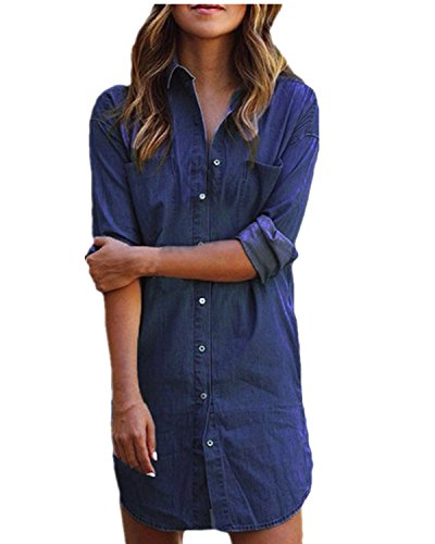 denim shirt dress amazon Women's Casual Denim Dress Long Sleeve Lapel Button Down Maxi Jean Shirt Dresses,Blue,Small at Amazon Women's Clothing store