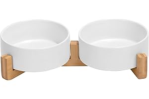 SPUNKYJUNKY Cuencos para Mascotas Hechos de cerámica, y un Soporte de bambú con esmaltado Mate Antideslizante, un Set Completo para Comida y Agua diseñado para Gatitos, Perros pequeños y medianos