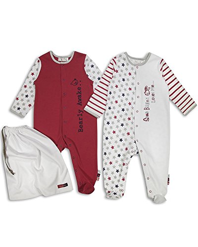 The Essential One - 2 Pack Baby Unisex Star Sleepsuits Babygrows - Red - 3-6 Months - ESS147