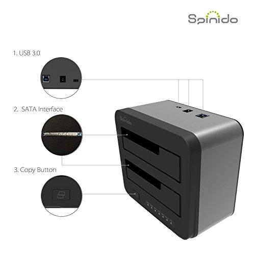 Dual Festplatten Dock mit Klonfunktion, Spinido® USB 3.0 Aluminium Zweifache Offline Duplikations und Klonfunktion Festplatten Dockingstation Optimiert für 3.5″ & 2.5″ SATA SSD und HDD, Werkzeuglos Installation [Unterstützt 2∗6TB] ( Dunkelgrau ) - 2