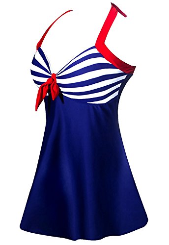AMAGGIGO Women's Polka Dot One Piece Swimsuit Tummy Control Swimwear Swimdress with Skirt(FBA), Blue Stripe, UK 14-16