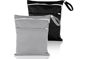 Heyu-Lotus 2 Packs Wet Bag, Waterproof Wet Dry Bags Reusable Washable Cloth Diaper Bags Nappy Bags with Double Zipper Pockets for Baby Items Wet Clothes Swimming Gym Pool Beach Bag(Black+Grey)