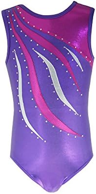 NewDance Girls Gymnastics Leotard One Piece Metallic Stripe Workout Stretchy Dance Bodysuit NT15018,Grape,MC/114-130CM/23-27KG