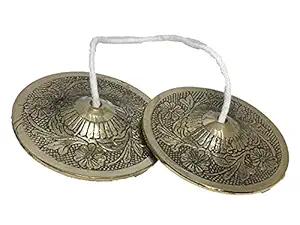 Uapan MetalCraft Brass Designer Manjira Manjeera for Handmade Percussion Instrument, Hand Cymbals - Indian Musical Instrument Brass Pooja Bell (Gold, Pack of 2) (Big Size)