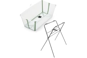 CRIOH! Stokke - Bañera Plegable para Bebé Incluye Soporte - Flexi Bath - Tapón de Drenaje Termosensible - Comodidad y Seguridad - Llévatela de Viaje - Transparente Verde - 0-4 Años