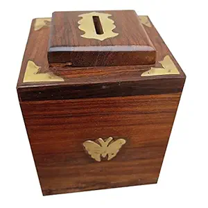 Royal Handicrafts Handicrafted Wooden Piggy Bank for Girls and Boys (4x4x4)