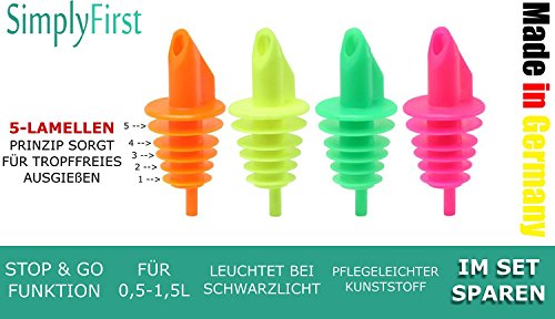 16 Ausgießer neon mit 5 weichen Lamellen tropffrei und STOP & GO Funktion, für Flaschen 0,5-1,5L, Gastro Qualität in Neon Farben by SimplyFirst MADE IN GERMANY (Inhalt: 4 orange, 4 gelb, 4 grün, 4 magenta) - 2