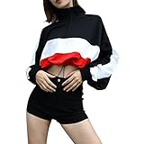 iHENGH Neujahrs Karnevalsaktion Damen Frauen Langhülse Pullover Sweatshirt Bluse Zipper Crop Tops Patchwork Shirt(S,Schwarz)