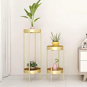 Weston Crafts Metal Plant Stand End Table, Foldable Sturdy Flower Pot Base for Indoor Outdoor Home Decor (2-Tier-L-Gold)
