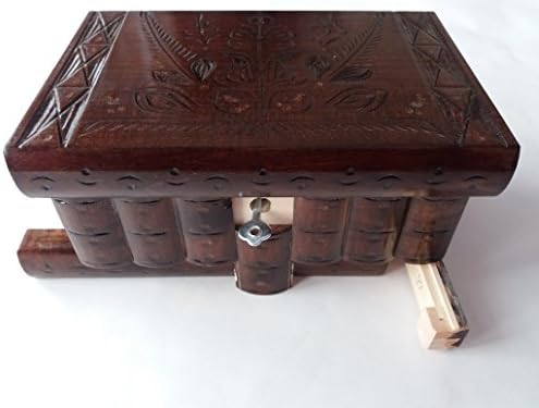 New magic box mystery puzzle box secret handmade tricky carved wooden box with hidden key secret storage for money (Coffee Brown)