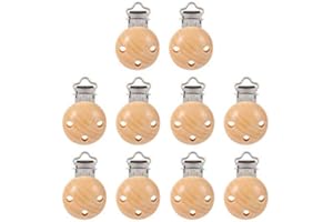 Schnuller Clip, KWOKWEI 10 Stücke Schnullerclips Set aus Holz und Eisen, 44mm Holz Schnullerketten Clips/Dummy Nippel Halter für Baby und Kind