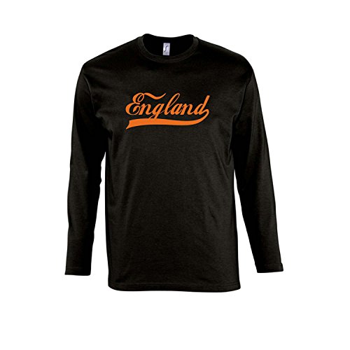 England Oldschool Fussball EM FAN – Herren Langarm Longsleeve T-Shirt S-XXL , Deep black – orange , XXL