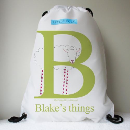 Little Folk Personalised Drawstring Swimming, School, PE Bags for Girls &amp; Boys - Baa Baa the Little Sheep from the Alphabet Range (Green lettering)