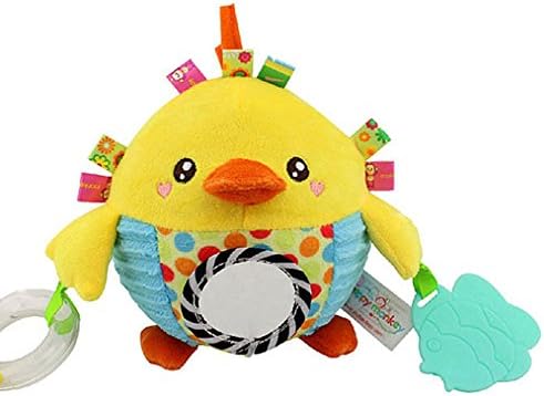 Amazemarket Kids Infant Baby Rattle Sound Lovely Round Rolling Hand Grasp Ball Plush Toy Animal Colorful Safety Mirror Teether Hand-eye Coordination Development Rainbow Ring Best Gift (No original packaging yellow duck)