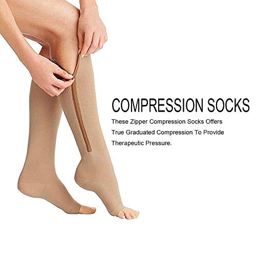 Macropath Compression Support Socks for Women Stretchy Socks Stretchy Zipper Leg Support Unisex Open Toe Knee Stockings(Beige) (Pack of 2,1 Pair,Size M)
