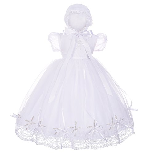 Dressy Daisy Baby Girls' Beaded Floral Embroideries Baptism Christening Gown Flower Girl Dress With Bonnet Infant Size 6-12 Months White