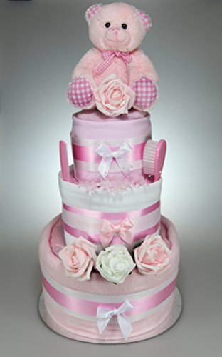 Luxury Baby Girl Three Tier Nappy Cake with Cute Teddy New Born Baby Shower Gift