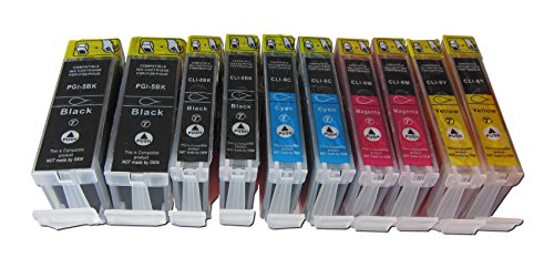 10 komp. Druckerpatronen für Canon PGI-5BK CLI-8BK CLI-8C CLI-8M CLI-8Y 2x schwarz dick 2 x schwarz Photo 2 x blau 2 x rot 2 x gelb mit Chip