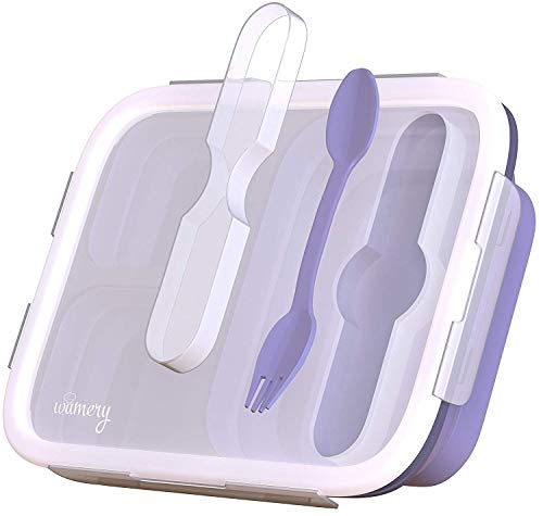Fiambrera infantil Plegable de Silicona Con 3 Compartimentos sin Bpa Caja de Almuerzo Bento Box para Niños y Adultos con Tapa Hermética a Prueba de Fuga apta para Microondas y Lavavajillas