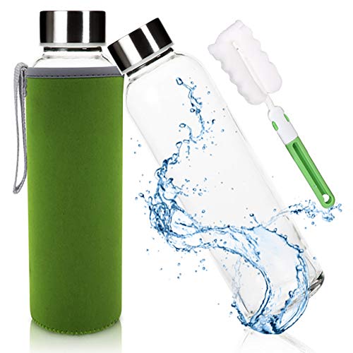 Perfect placed Glasflasche Trinkflasche Classic Tragbare 550ml BPA-frei für unterwegs Sportflasche Glas Wasserflasche zum Mitnehmen von kalten Getränken mit Neopren Tasche und Schwammbürste (Grün)
