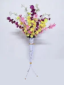 Gofika White Designer Metal Flower Vase/Stand with Artificial Flowers for Home/Office Decoration (Random Colour 2 Flower Bunch)