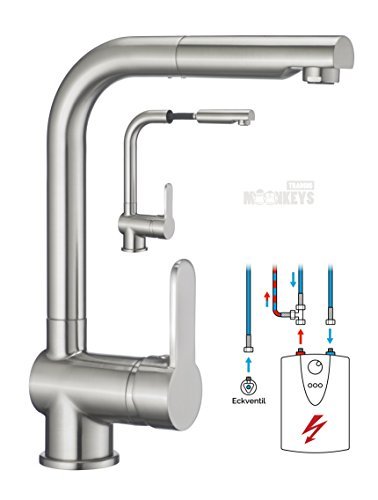 Niederdruck Spültisch Armatur in Edelstahloptik Wasserhahn Küche mit Brause mit hohem Rundbogenauslauf inkl. Befestigungsmaterial und Montageanleitung