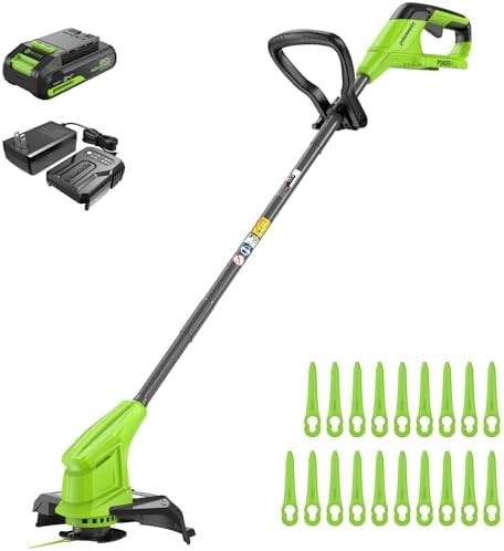 Greenworks 24V Tagliabordi a batteria da per giardini di piccole e medie dimensioni, larghezza di taglio di 25 cm, include 20 lame in plastica con batteria da 2,0 Ah e caricabatterie