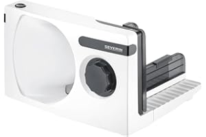 ‎SEVERIN Severin Allesschneider für Brot, Aufschnitt oder Käse, Brotschneidemaschine mit stufenlos einstellbarer Schnittstärke, Aufschnittmaschine mit Fingerschutz, weiß-schwarz, AS 3912