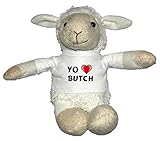  Oveja blanco de peluche con Amo Butch en la camiseta (nombre de pila/apellido/apodo)