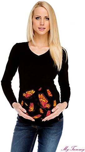 Maternity T-shirt Long Sleeve Butterflies Black L (Large) - Maternity Clothing by MY TUMMY ®©™