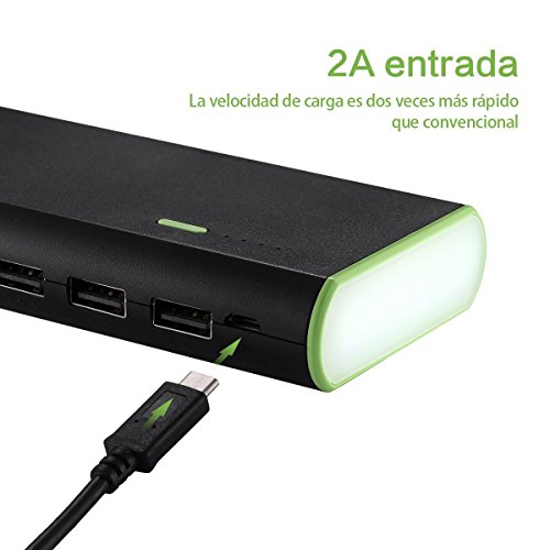 Poweradd Cargador M  vil Port  til Bater  a Externa 10000mAh  3 USB 5V 2A  M  s 2 5A  con la Linterna  Carga r  pida para iPhone 7  iPad  Samsung  M  viles Inteligentes y Tabletas  Negro 