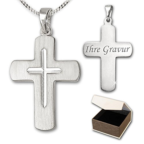 CLEVER SCHMUCK Set mit Gravur Silberner Anhänger Kreuz 24 mm matt innen diamantiert massiv und Kette glänzend Sterling Silber 925 mit Wunschgravur im Etui