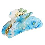 Blue White Floral Print Flower Hair Clip Claws for Women