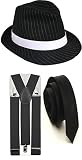 Gangster 3 PC Kostüm Nadelstreifen-Hut mit passenden Hosenträgern und Krawatte, im 1920-ern-Gangster-Stil, Party-Kostüm von Trilby Fedora Gr. Einheitsgröße, 3 PC Black Full Costume