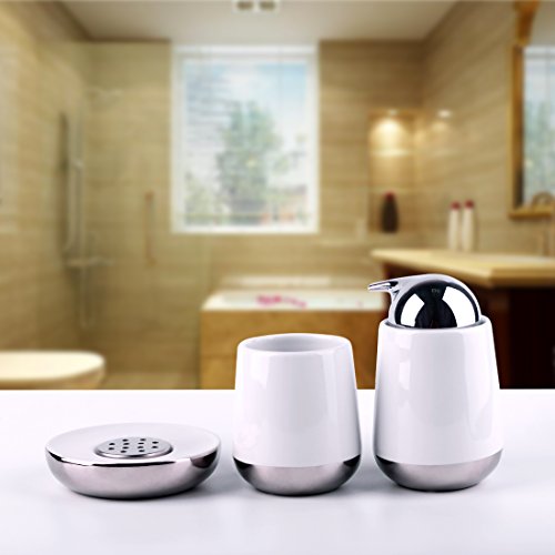Satu Brown 3-teilig Deluxe Badezimmer Zubehör Set – aus Keramik – Beinhaltet: Seifenspender / Lotionspender, Seifenschale, Zahnputzbecher, Erstklassige Keramik Badezimmer Zubehör-Set (Weiß) - 2
