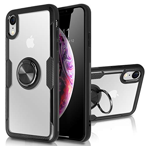 SQMCase Funda iPhone XR, Clear Crystal Carbon Fiber Armadura con Soporte Agarre Anillo de Dedo Kickstand [Trabajar con Montaje de Coche magnético] para iPhone XR,Negro