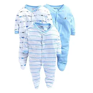 Vadmans New Born Baby Multi-Color Long Sleeve Cotton Sleep Suit Romper for Boys and Girls Set of 3 (Soft Blue, 3-6 Months)