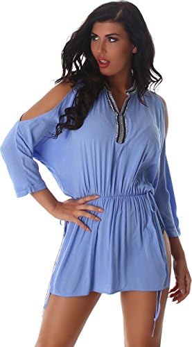 Voyelles Women's Shirt Blouse Top Mini Dress V-neck Retro Hippie Sleeve Kimono Shirt One size 12,14,16 Blue
