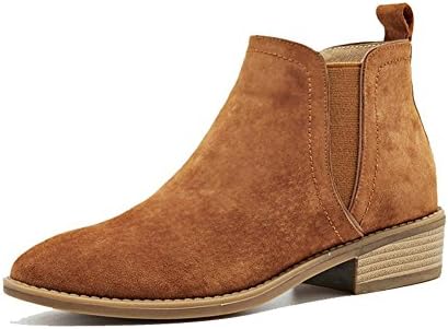 Ladies Short Ankle Boots Leather Suede Flat Heels Warm Casual Comfort Elastic Shoes . Brown . 37