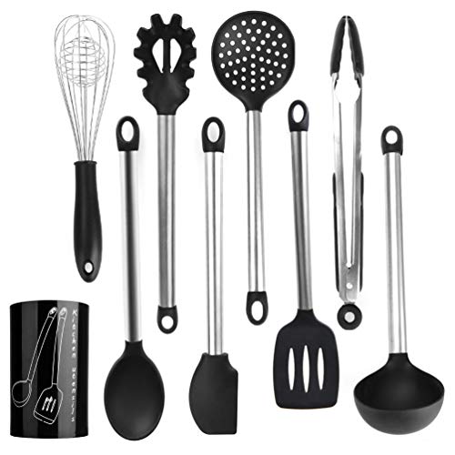 Uarter Ustensiles de Cuisine Batterie de Cuisine en Silicone avec Manche en Acier Inoxydable, Poche antiadhésive de 9 pièces, Fouet cuillère