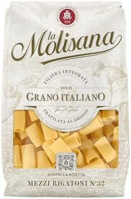 La Molisana, Mezzi Rigatoni n. 32, Pasta da Solo Grano Italiano - Trafilata al Bronzo, Ruvida e Tenace con Eccellente Tenuta in Cottura - Confezione da 500 g