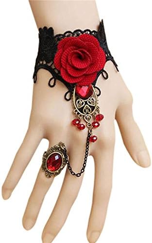 chiccharming Handmade Gothic Lace Red Rose Wristband Bracelet with Adjustable Finger Ring